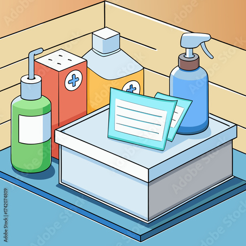 Cartoon illustration of disposable masks and sanitizer bottles