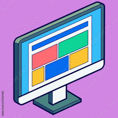Isometric computer monitor displaying a website layout design