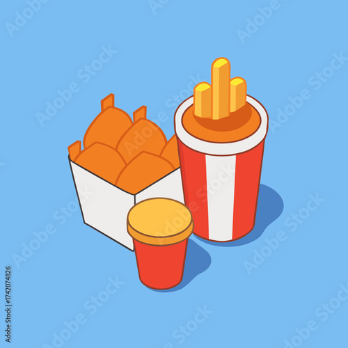 Isometric fast food items with fries chicken and dipping sauce