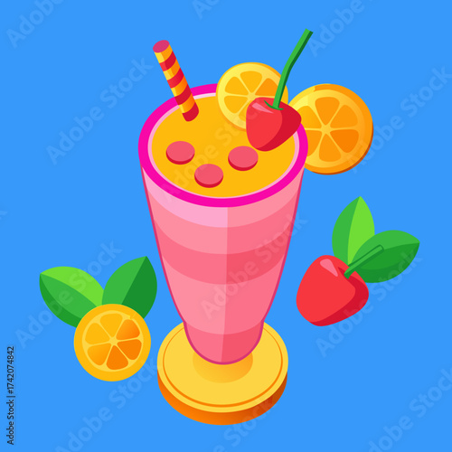Cartoon smoothie in a glass with fruits on a blue background
