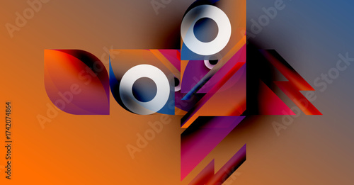 Abstract geometric composition. Shapes overlap, creating vibrant color gradients. Modern design, dynamic visual elements, bold contrasts present.