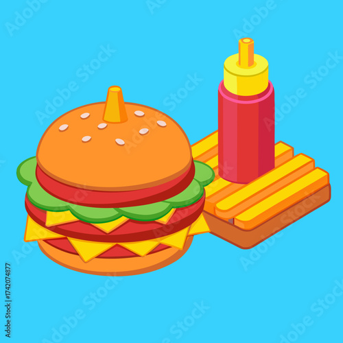 Colorful Burger with Fries and Ketchup Against a Blue Background