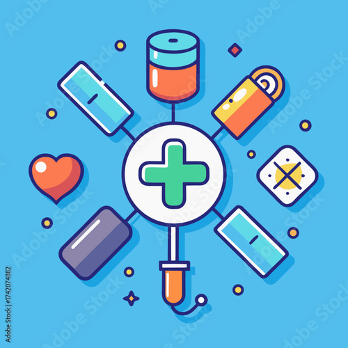 Colorful medical icon with vaccine bottles and health symbols