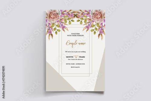 WEDDING INVITATION FRAME WITH FLOWER DECORATIONS AND FRESH LEAVES