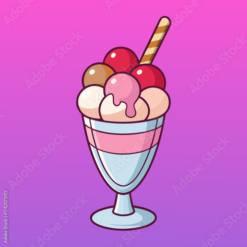 Ice cream sundae in a glass cup with wafer stick