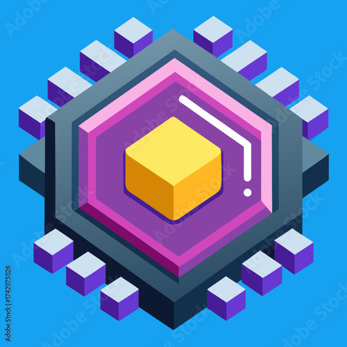 Isometric processor chip icon with glowing core in illustration