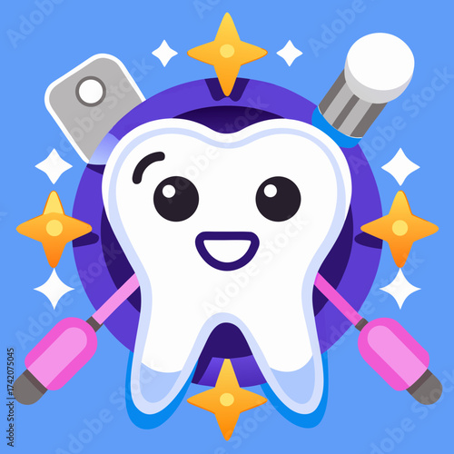 Happy cartoon tooth with dental tools in care and treatment