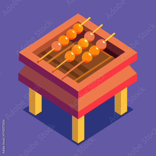 Isometric satay grill with skewered food in orange colors