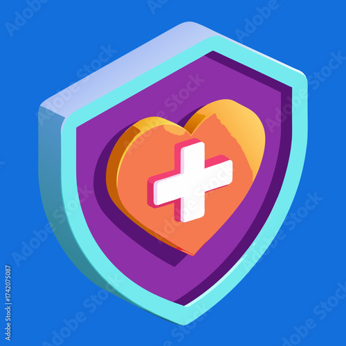 Isometric shield with a heart and medical cross symbol