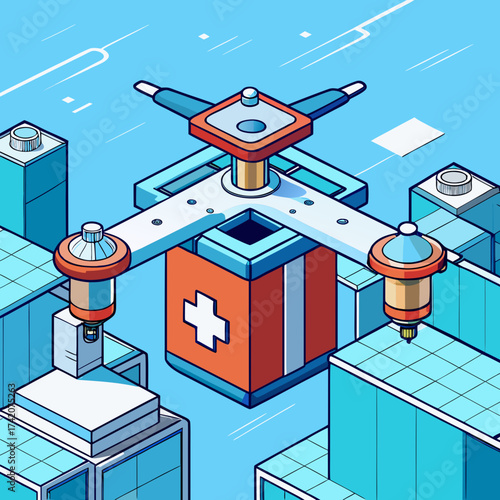 Medical Drone delivering emergency supplies across a cityscape
