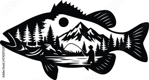 Fishing Scene | Fish Silhouette | Lake Mountain Forest Fisherman Clipart Design