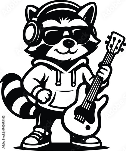 Cool Raccoon Guitar | Music Animal Clipart | Raccoon Rock Band Design