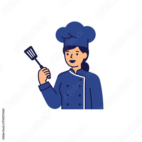 A smiling female chef in a blue uniform holds a spatula, ready to prepare delicious culinary creations.