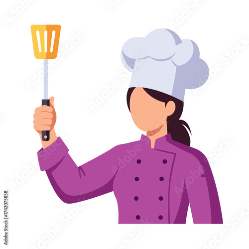 A professional chef in a purple uniform holds a spatula, ready to prepare delicious cuisine in a kitchen setting.