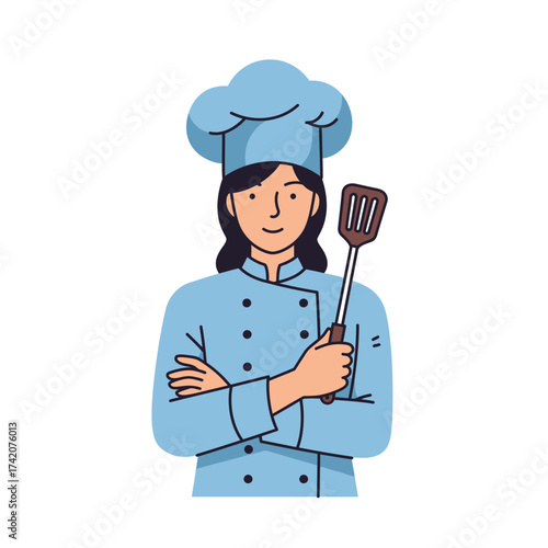 Professional female chef in uniform with spatula, ready to prepare delicious culinary creations in the kitchen.