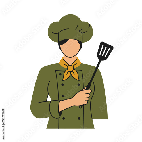 A chef wearing a green uniform and hat holds a spatula, ready to prepare delicious food in the kitchen.