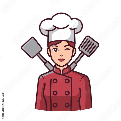 Skilled female chef in uniform winks and holds cooking utensils, ready to prepare delicious meals.