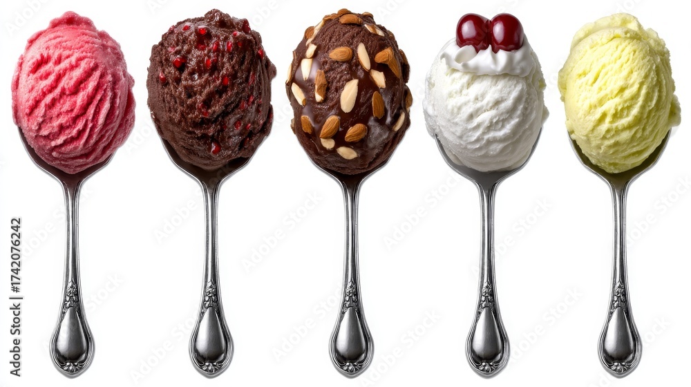 Fototapeta premium Delectable Fruit Ice Cream Collection with Cherry and Almond Mix on Elegant Dessert Layout, Isolated on White Background