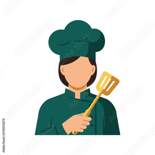 A chef in a green uniform and hat holds a golden spatula, ready to prepare delicious culinary creations in the kitchen.