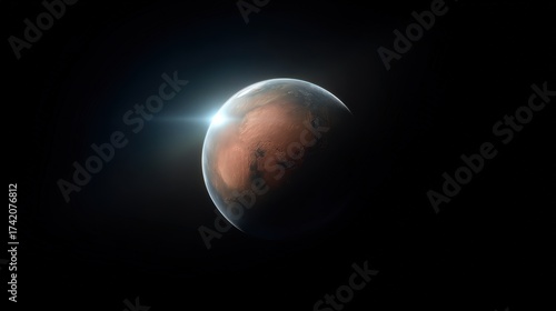 Alien planet with sun light in deep space dark background, astronomy celestial body for universe cosmos exploration solar system science fiction galaxy and outer space travel illustrations
