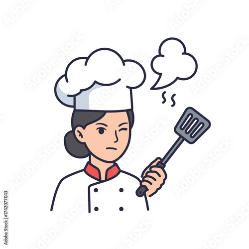 A frustrated female chef in uniform holds a spatula, with steam rising from her cooking, expressing displeasure.