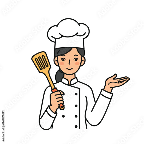 A smiling female chef in uniform holds a spatula and gestures invitingly, ready to prepare delicious cuisine.