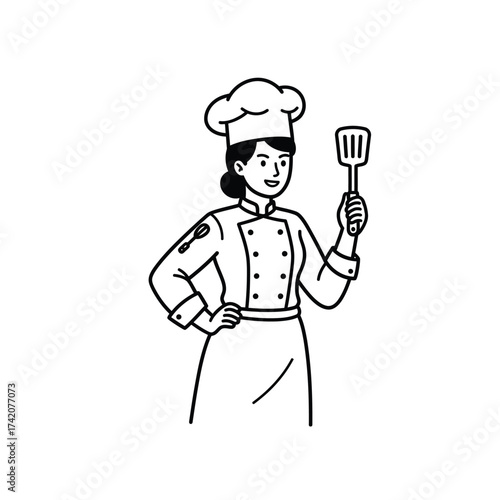 A smiling female chef in uniform confidently holds a spatula, ready to prepare delicious culinary creations in the kitchen.