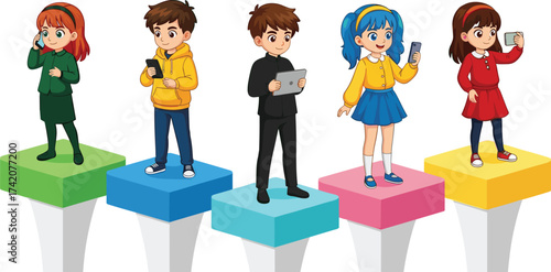 Cartoon children standing on colorful podiums, using smartphone and tablet devices, modern technology lifestyle, kids online communication, social media generation