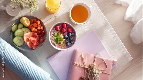 Diet planning with fresh healthy food vegetables fruits and fitness accessories, nutrition meal prep concept clipboard exercise dumbbells workout for weight loss wellness and healthy lifestyle photogr