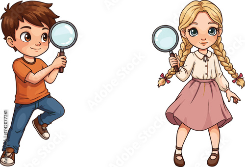 Cartoon children exploring, magnifying glass illustration, curiosity moment, playful learning, discovery gesture, vector clipart, educational theme, kid interaction, investigation pose