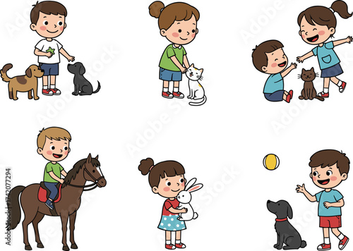 Children with animals, cartoon illustration, playful interaction, pet care moment, cute vector clipart, friendship scene, joyful activity, kid animal bonding