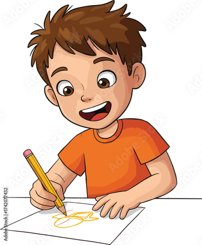 Cartoon child drawing with pencil, happy boy sketching on paper, kids creative activity, early childhood education vector illustration design