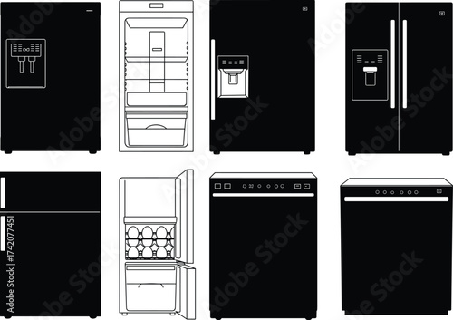 Kitchen appliances, refrigerator designs, dishwasher models, modern fridge, side by side, freezer compartment, open door, shelves, drawers, household equipment illustration