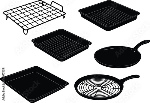 Kitchen cookware, frying pan, grill pan, baking dish, roasting pan, cooling rack, skillet, square pan, round pan, culinary equipment illustration