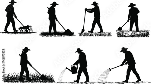 Gardening silhouette, black vector clipart, soil preparation, planting activity, watering plants, farming gesture, outdoor work, garden tools, agriculture icon