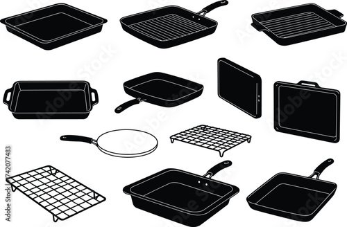 Kitchen cookware, frying pan, grill pan, roasting pan, baking dish, griddle, wire rack, cooking utensils, modern kitchen equipment, culinary illustration
