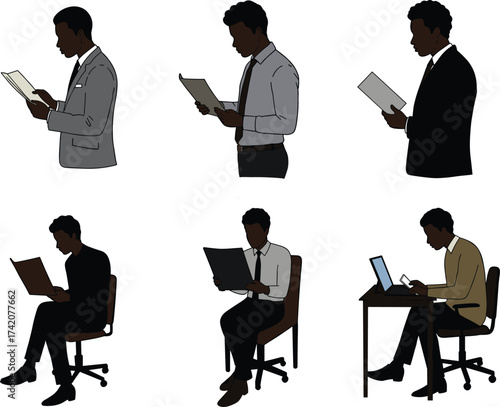 Reading and working silhouette, black vector clipart, business posture, seated activity, book study gesture, laptop desk scene, professional icon