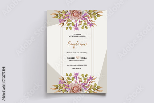 WEDDING INVITATION FRAME WITH FLOWER DECORATIONS AND FRESH LEAVES