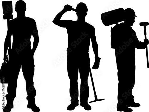 Stylized black silhouettes representing different professions — sportsman, repairman, and laborer — depicted in front of a plain white background. Balanced layout, bold, modern design.