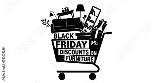 Black Friday discounts on furniture in shopping cart graphic  
