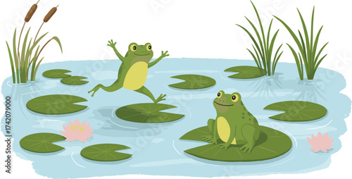 Bild auf Leinwand Cartoon frogs in pond, green frogs on lily pads, nature scene with lotus flowers