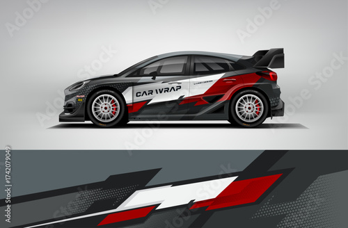 Editable vector EPS car wrap featuring red and black thunder slash pattern. Aggressive modern rally design with sharp diagonal motion and gradient halftone style.