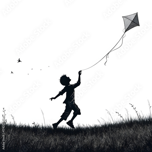 Skyward Dreams: A silhouette of a young boy running with a kite, set against a sky, evoking a sense of freedom, joy, and the simple pleasures of childhood.