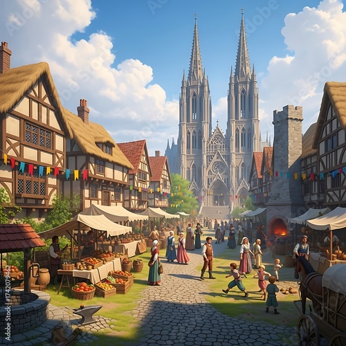 Bustling Medieval Market Square with Gothic Cathedral Backdrop.
