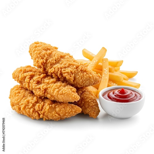 Crispy Chicken Tenders with Fries and Ketchup - A Delicious Fast Food Meal.