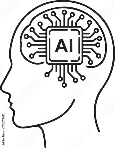 Vector art of line art illustration of a human head silhouette with a circuit board chip labeled ai inside the brain area