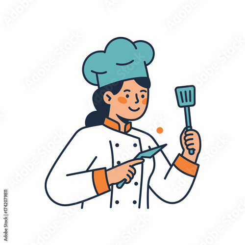 A cheerful female chef in a professional uniform and toque holds kitchen utensils, a knife and spatula, ready to prepare a delicious meal.