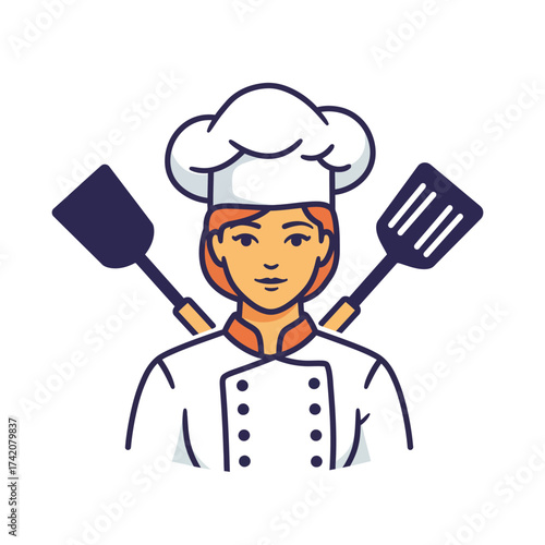 A friendly female chef proudly stands in her professional uniform with crossed spatulas, symbolizing culinary expertise and passion for cooking.