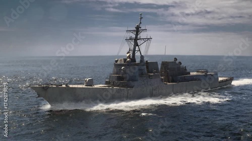 Old Warship Cruising on the Open Ocean