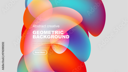 Abstract colorful shapes overlap, creating dynamic geometric background. Text promotes further exploration. Simple design, vibrant hues.